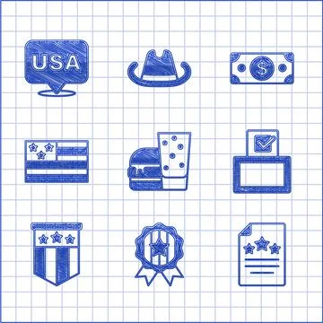 Set Burger, Medal with star, Declaration of independence, Vote box, American 스톡 일러스트