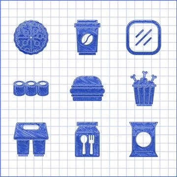 Set Burger, Online ordering and delivery, Bag packet potato chips, Chicken leg Stock Illustration