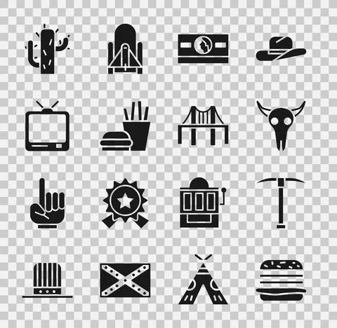 Set Burger, Pickaxe, Buffalo skull, Stacks paper money cash, and french fries Illustrazione stock