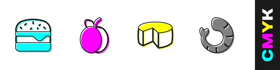 Set Burger, Plum fruit, Cheese and Shrimp icon. Vector Ilustração Stock
