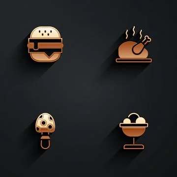 Set Burger, Roasted turkey or chicken, Fly agaric mushroom and Ice cream in the Stock Illustration