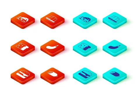 Set Burger, Salami sausage, Bread toast, Eggplant, Jelly cake and Cheese icon Stock Illustration