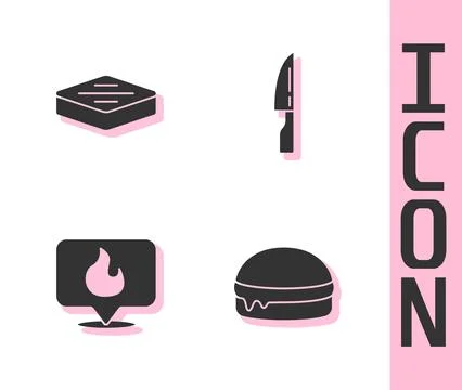 Set Burger, Steak meat, Location with fire flame and Barbecue knife icon. V.. Stock Illustration