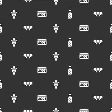 Set Burning candle, Bow tie, Christmas star and Calendar on seamless pattern Ilustración de archivo