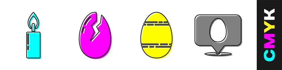 Set Burning candle, Broken egg, Easter egg and Speech bubble with easter egg Stock Illustration