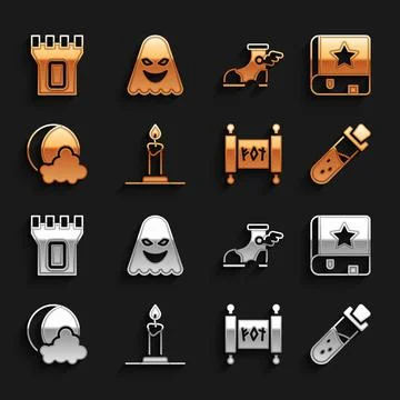 Set Burning candle in candlestick, Ancient magic book, Bottle with potion, Magic Ilustración de archivo