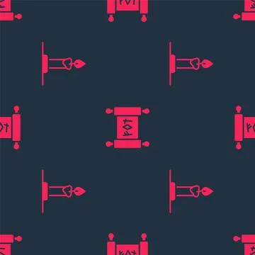 Set Burning candle in candlestick and Magic scroll on seamless pattern. Vector Stock Illustration