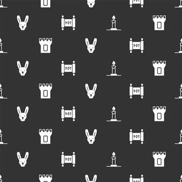 Set Burning candle in candlestick, Castle tower, Rabbit with ears and Magic 스톡 일러스트