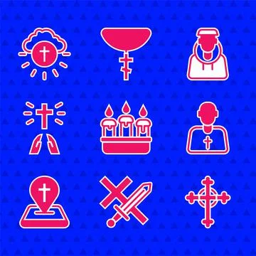 Set Burning candle in candlestick, Crusade, Christian cross, Priest, Location Stock Illustration
