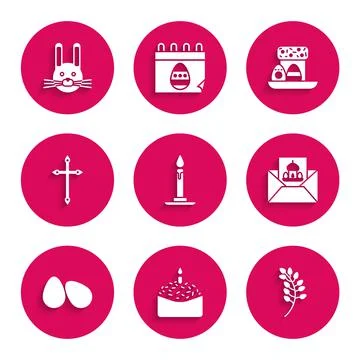 Set Burning candle in candlestick, Easter cake, Willow leaf, Greeting card with Stock Illustration