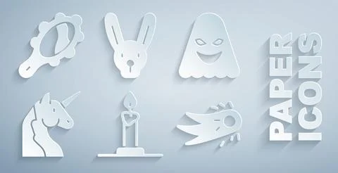 Set Burning candle in candlestick, Ghost, Unicorn, Fireball, Rabbit with ears Stock Illustration