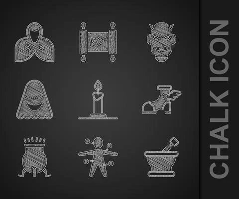 Set Burning candle in candlestick, Voodoo doll, Mortar pestle, Hermes sandal 스톡 일러스트