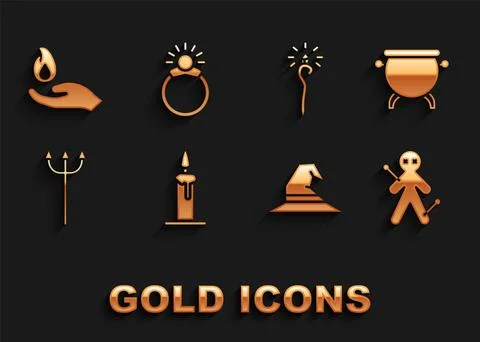 Set Burning candle in candlestick, Witch cauldron, Voodoo doll, hat, Neptune Ilustração Stock