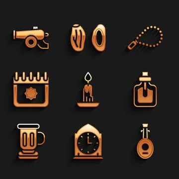 Set Burning candle, Clock, Lute, Perfume, Medieval goblet, Ramadan calendar.. Stock Illustration