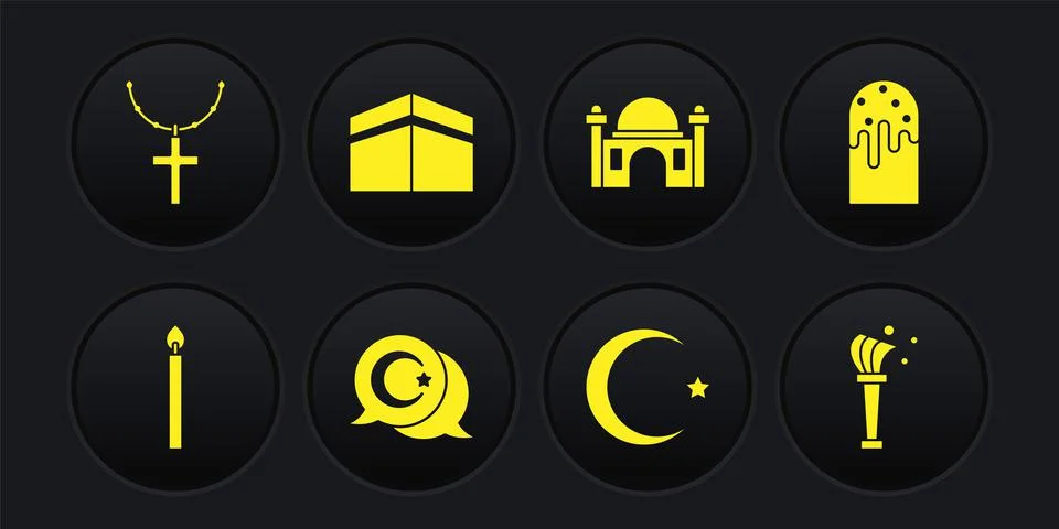 Set Burning candle, Easter cake, Star crescent, Muslim Mosque, Kaaba mosque Stock Illustration