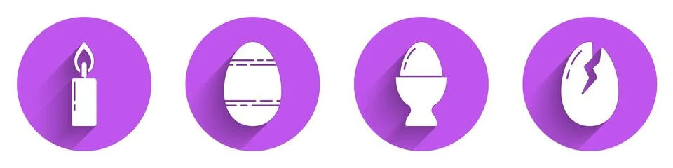 Set Burning candle, Easter egg, Easter egg on a stand and Broken egg icon with Illustrazione stock