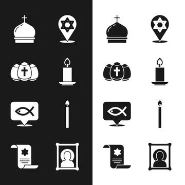 Set Burning candle, Easter egg, Church tower, Star of David, Christian fish Stock Illustration