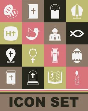 Set Burning candle, Easter egg, Christian fish symbol, cake, Dove, cross, bread Stock Illustration