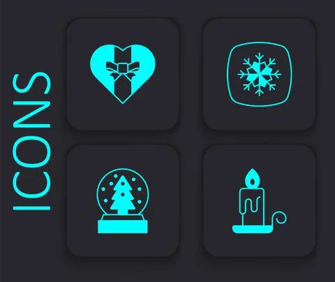 Set Burning candle, Gift box, Snowflake and Christmas snow globe icon. Black Stock Illustration