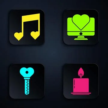 Set Burning candle, Music note, tone with hearts, Key in heart shape and Co.. Stock Illustration