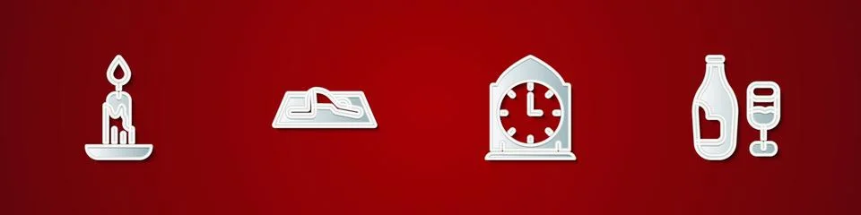 Set Burning candle, Muslim man prays, Clock and Wine bottle with glass icon Stock Illustration
