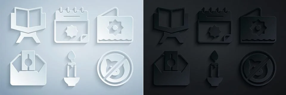 Set Burning candle, Octagonal star, Donate or pay your zakat, No pig, Ramad.. Stock Illustration