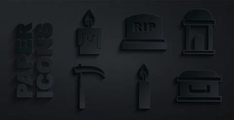 Set Burning candle, Old crypt, Scythe, Coffin with cross, Tombstone RIP written Ilustración de archivo