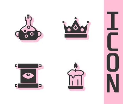 Set Burning candle, Poison bottle, Ancient magic scroll and King crown icon.. Stock Illustration