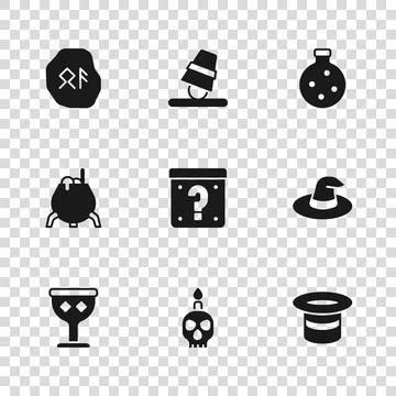 Set Burning candle on skull, Witch hat, Magic, Mystery box, Bottle with pot.. Stock Illustration