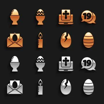 Set Burning candle, Speech bubble with happy easter, Easter egg, Broken Stock Illustration