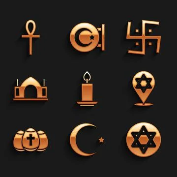 Set Burning candle, Star crescent, of David, Easter egg, Hindu spiritual temple Stock Illustration