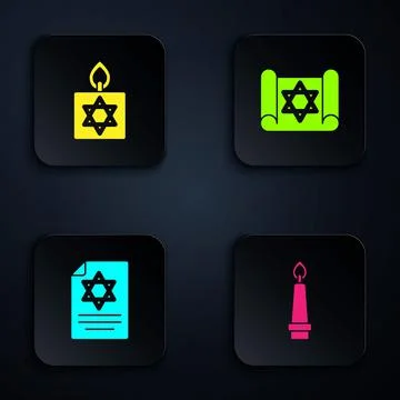 Set Burning candle, , Torah scroll and . Black square button. Vector Illustrazione stock