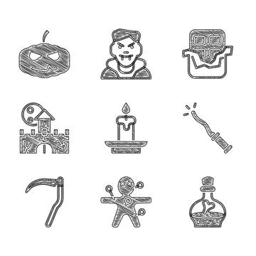 Set Burning candle, Voodoo doll, Bottle with potion, Magic wand, Scythe, Castle 스톡 일러스트