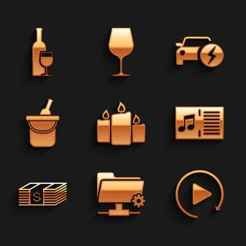 Set Burning candles, FTP settings folder, Video play button, Music book wit.. Stock Illustration