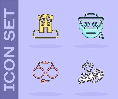 Set Burning car, Arson home, Handcuffs and Bandit icon. Vector Stock Illustration