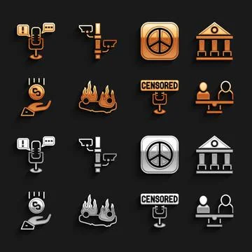 Set Burning car, Courthouse building, Gender equality, Censored stamp, Coins on Ilustración de archivo