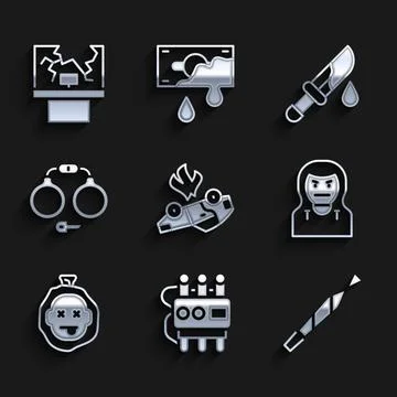 Set Burning car, Dynamite and timer clock, Marijuana joint, Thief mask, Murder Stock Illustration