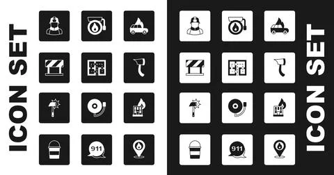 Set Burning car, Evacuation plan, Road barrier, Firefighter, axe, Ringing alarm Ilustración de archivo