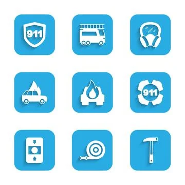 Set Burning car, Fire hose reel, Firefighter axe, Emergency call 911, alarm Illustration