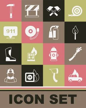 Set Burning car, Fire hose reel, match with fire, Firefighter axe, Ringing alarm Ilustración de archivo