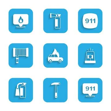 Set Burning car, Firefighter axe, Emergency call 911, Flasher siren Illustration