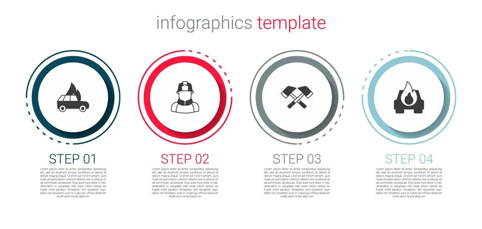 Set Burning car, Firefighter, axe and . Business infographic template. Vector Illustration