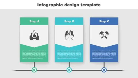 Set Burning car, Firefighter helmet and axe. Business infographic template Illustration