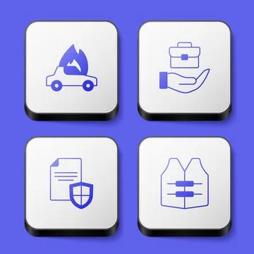 Set Burning car, Hand holding briefcase, Contract with shield and Life jacket 库存插图