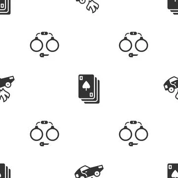 Set Burning car, Playing cards and Handcuffs on seamless pattern. Vector Illustrazione stock