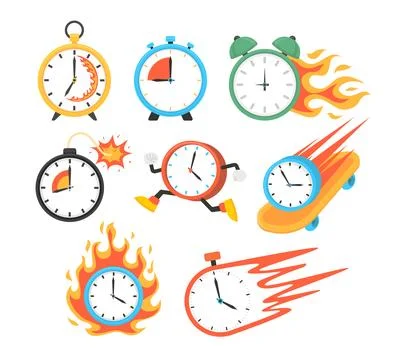 Set of Burning Clock or Alarm Set Collection, Fast Burning Clock with Fiery.. Stock Illustration