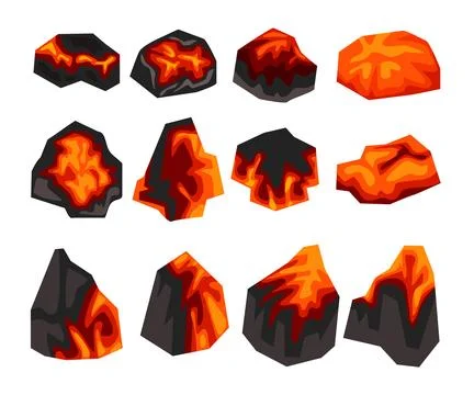 Set of burning coal with fire set cartoon vector illustration, black charco.. Stock Illustration