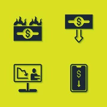Set Burning dollar bill, Mobile stock trading, Global economic crisis news an Illustrazione stock