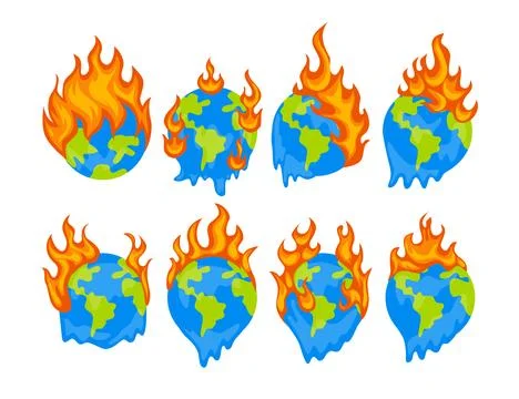 Set of burning earth on fire collection, climate change or global warming d.. Stock Illustration