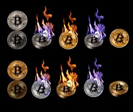 Set of burning in fire bitcoin isolated on black Stock Photos